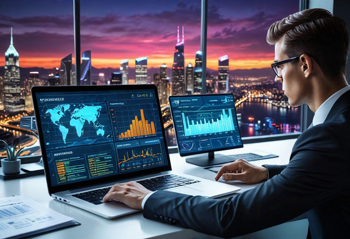 An innovative digital interface showcasing a secure financial dashboard on a sleek laptop screen, supported by a mix of compliance documents and oversight charts. A person confidently analyzing data with a futuristic cityscape in the background symbolizes the synergy of modern technology and financial security. super-realistic. vibrant colors. 3D.