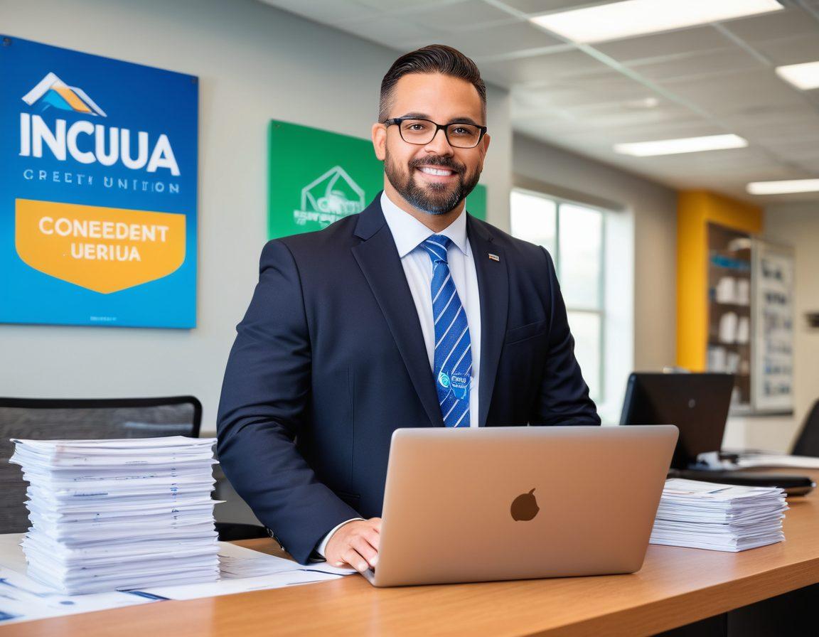 An efficient credit union manager, confidently standing in front of a modern office with the National Credit Union Administration (NCUA) logo in the background. Depict stacks of documents and a laptop, symbolizing resources and protection. Staff engaging in discussions, highlighting teamwork. Super-realistic. Vibrant colors. Clean, professional look.